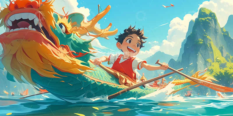 高清大图下载【趣麦麦图】青山绿水卡通男孩划龙舟