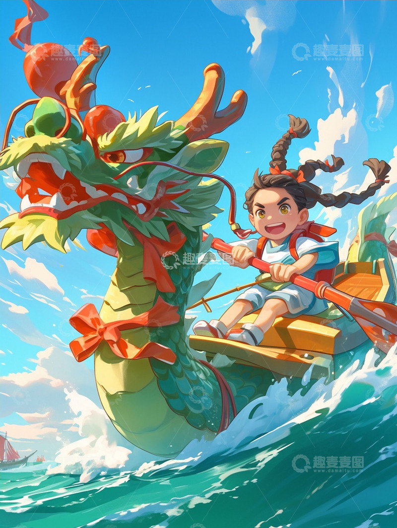 高清大图下载【趣麦麦图】端午节女孩赛龙舟插图