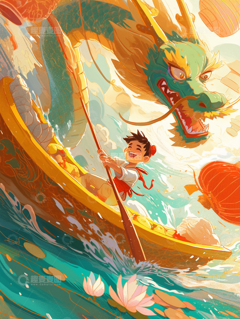 高清大图下载【趣麦麦图】端午节卡通风格赛龙舟插图