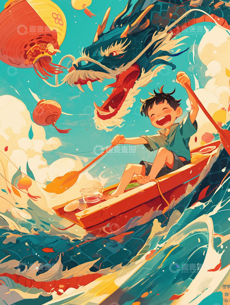 高清大图下载【趣麦麦图】端午节男孩划船背景图