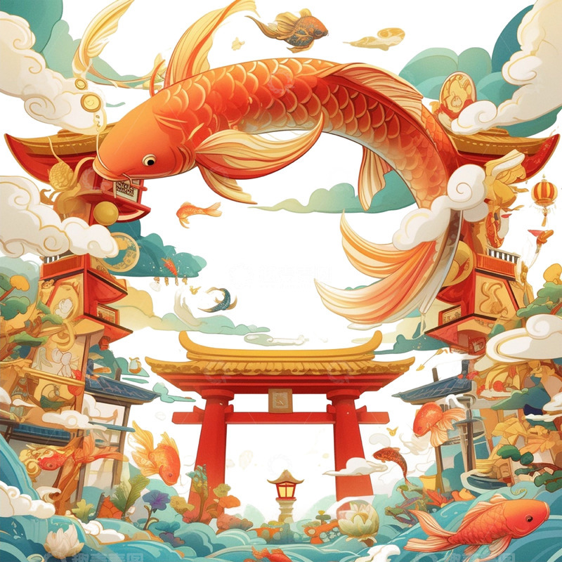 高清大图下载【趣麦麦图】卡通鲤鱼跃龙门金榜题名