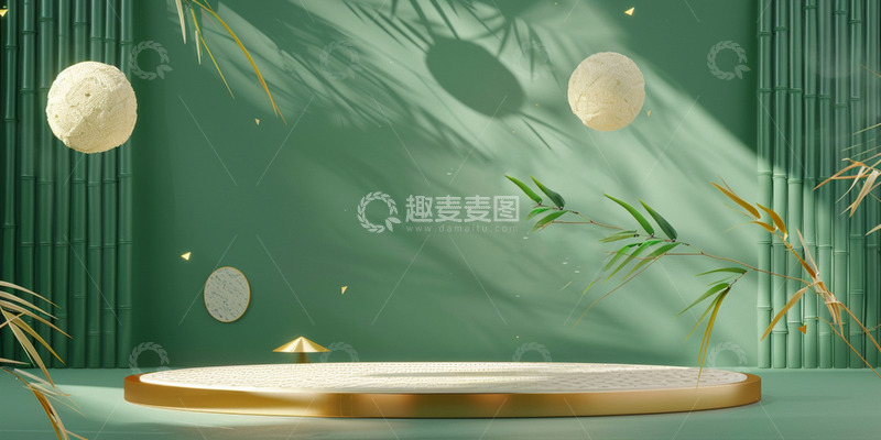 高清大图下载【趣麦麦图】端午节竹叶光影绿色展台
