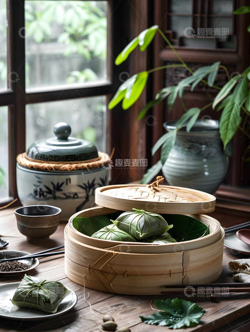 高清大图下载【趣麦麦图】笼屉中的粽子AI摄影图