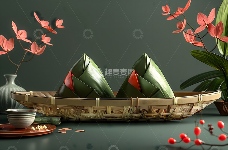 高清大图下载【趣麦麦图】竹藤盘端午粽子AI摄影图