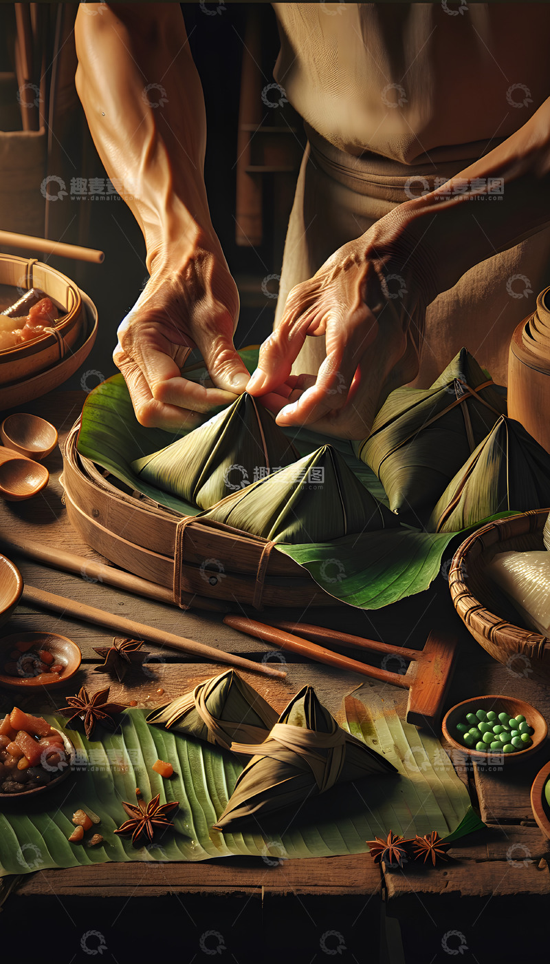 高清大图下载【趣麦麦图】端午节包粽子场景摄影图