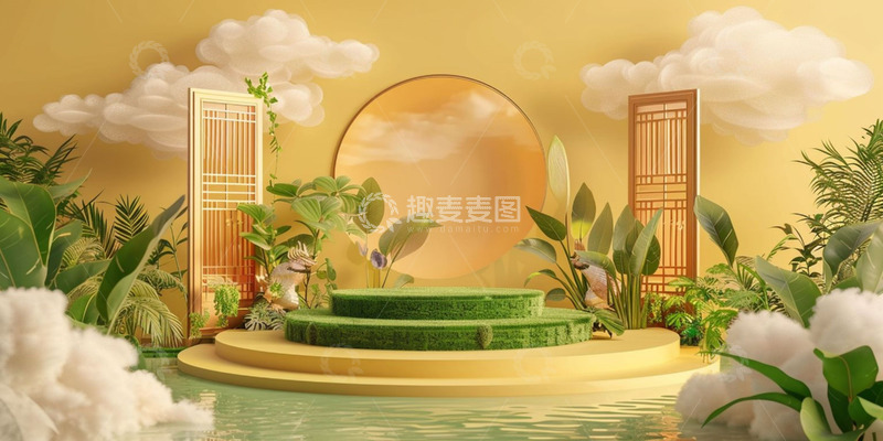 高清大图下载【趣麦麦图】端午节黄色云朵装饰展台