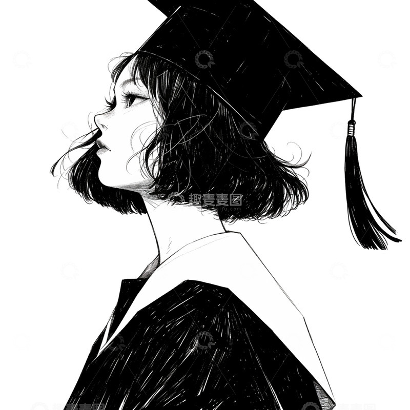高清大图下载【趣麦麦图】毕业季黑白卡通学士服女孩
