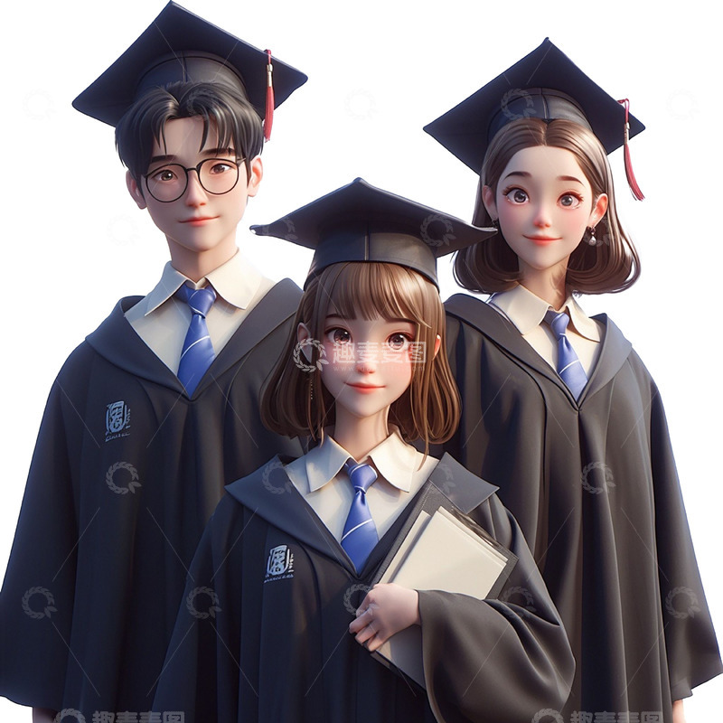 高清大图下载【趣麦麦图】三个穿黑色学士服的卡通人物