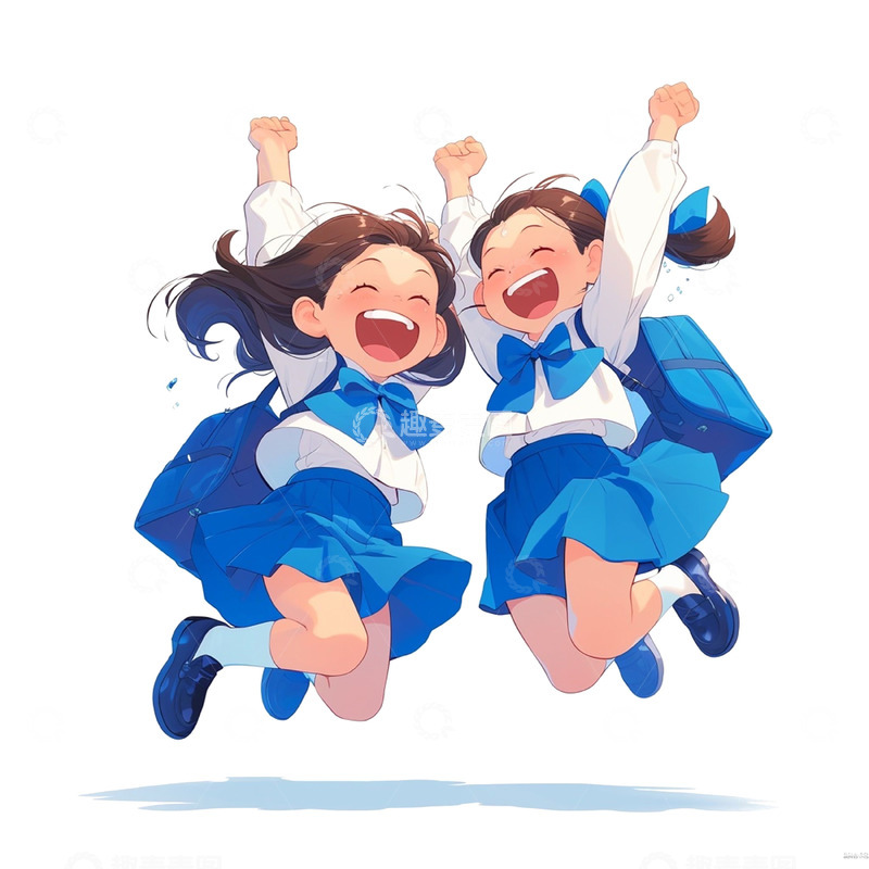 高清大图下载【趣麦麦图】穿着蓝色校服欢呼跳跃的卡通女孩