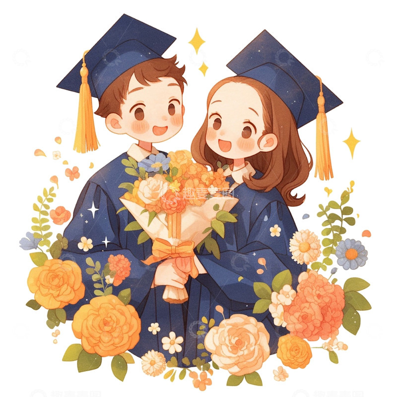 高清大图下载【趣麦麦图】毕业季拿着鲜花拍照的卡通人物