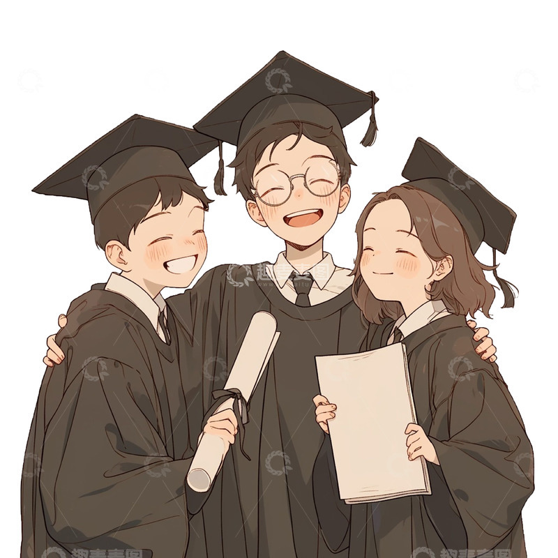 高清大图下载【趣麦麦图】高考毕业季三个穿着学士服的卡通人物