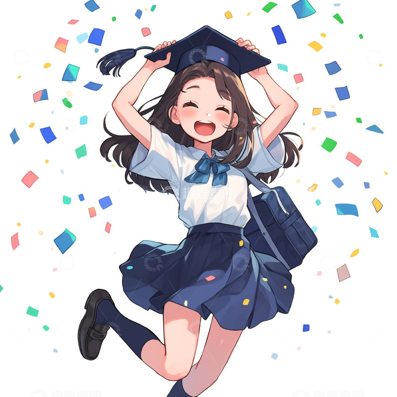 高清大图下载【趣麦麦图】欢呼跳跃卡通女孩彩带