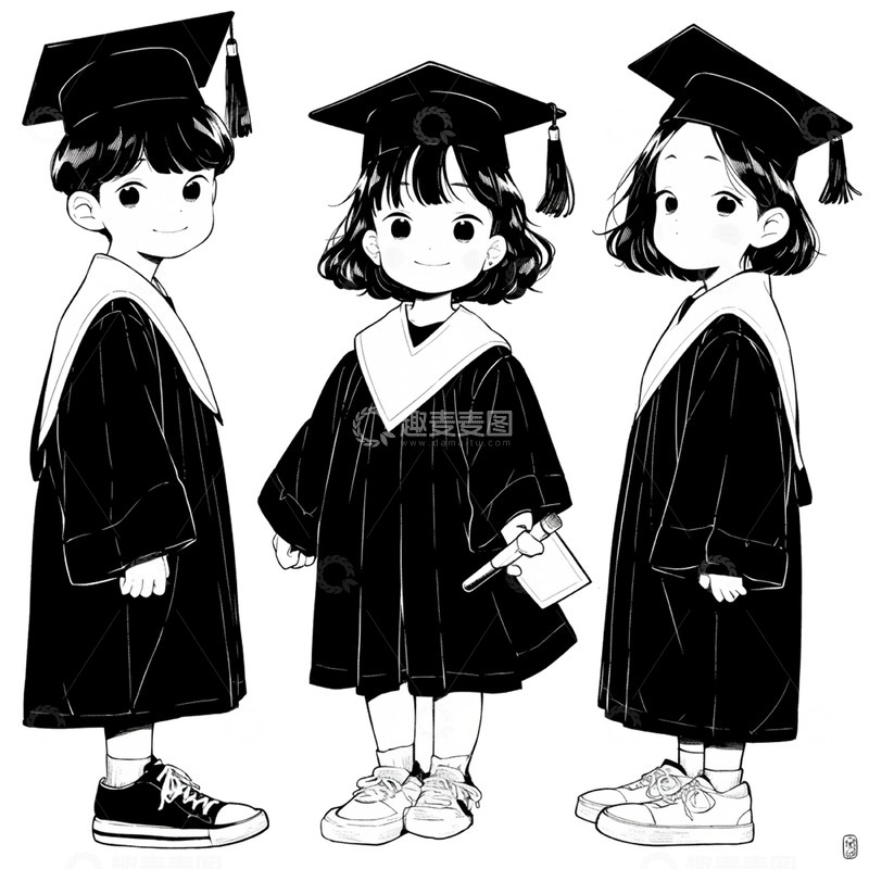 高清大图下载【趣麦麦图】卡通黑白线条学士服人物