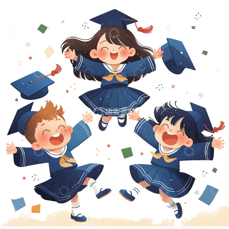 高清大图下载【趣麦麦图】三个穿着学士服开心跳跃的人物