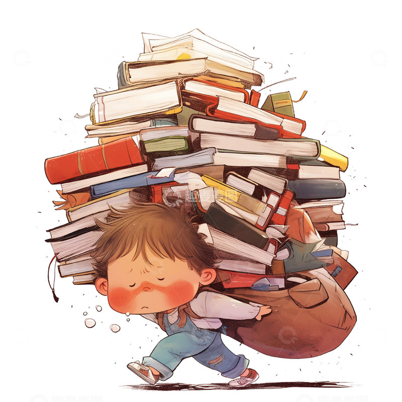 高清大图下载【趣麦麦图】被书本压着喘不过气的学生人物