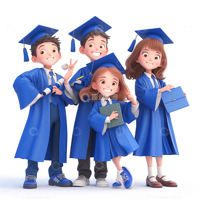 高清大图下载【趣麦麦图】毕业穿学士服站一起的卡通人物