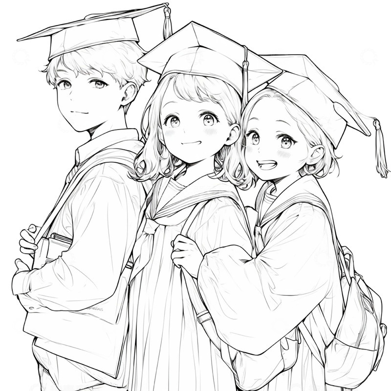 高清大图下载【趣麦麦图】毕业学士服卡通黑白线条人物