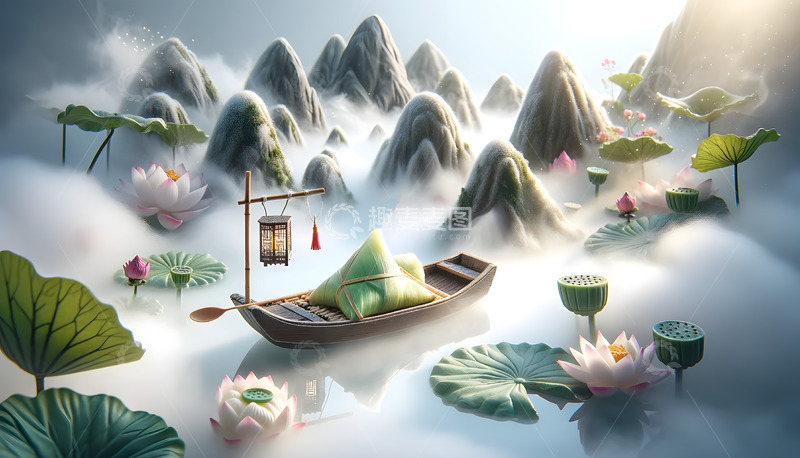 高清大图下载【趣麦麦图】意境荷塘山水端午AI图