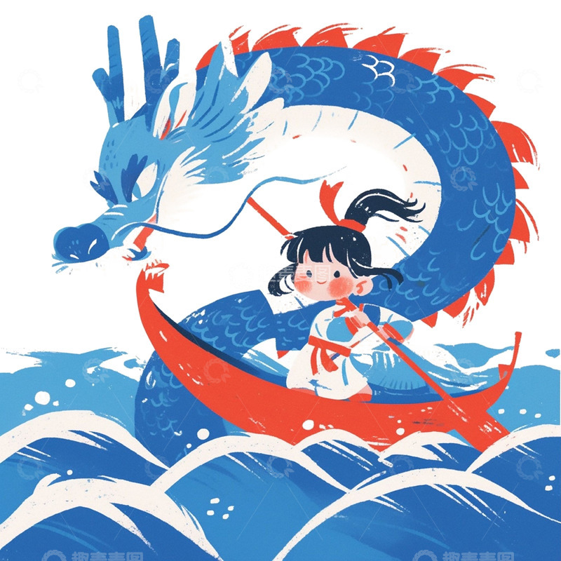 高清大图下载【趣麦麦图】卡通蓝色龙舟女孩端午