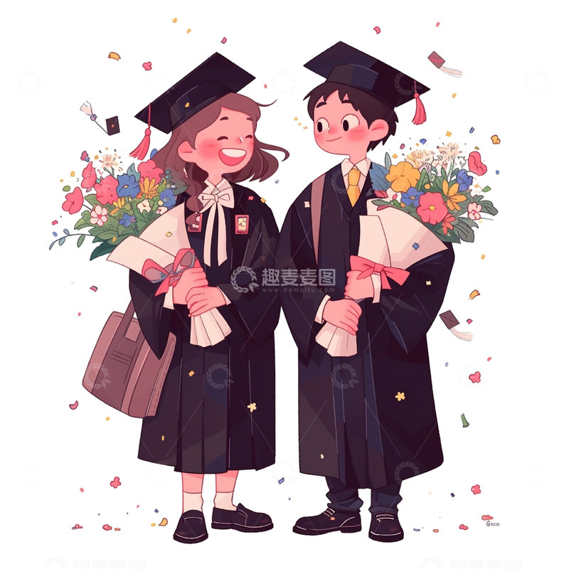高清大图下载【趣麦麦图】卡通鲜花彩带学士服毕业学生