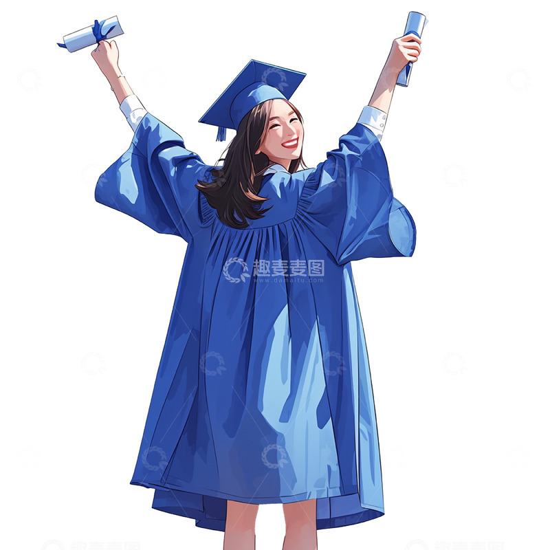 高清大图下载【趣麦麦图】毕业开心蓝色学士服女孩