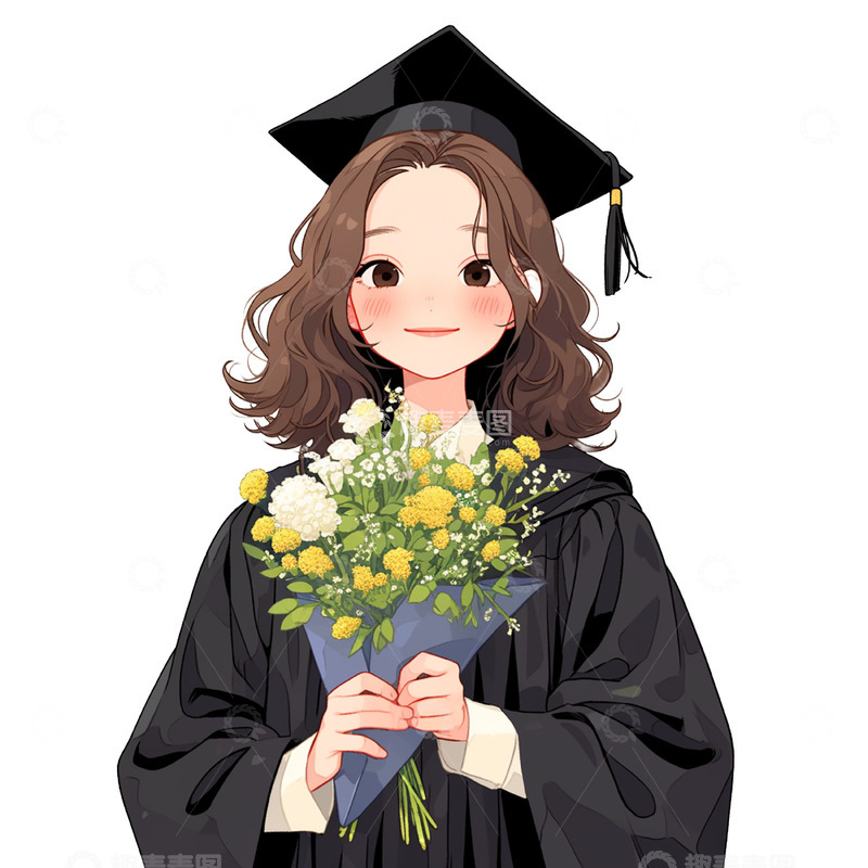 高清大图下载【趣麦麦图】毕业季鲜花学士服卡通女孩