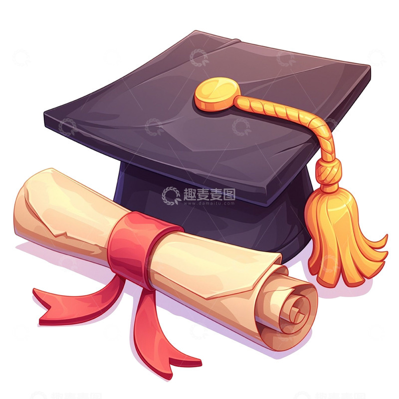 高清大图下载【趣麦麦图】卡通毕业黑色学士帽和红丝带毕业证书