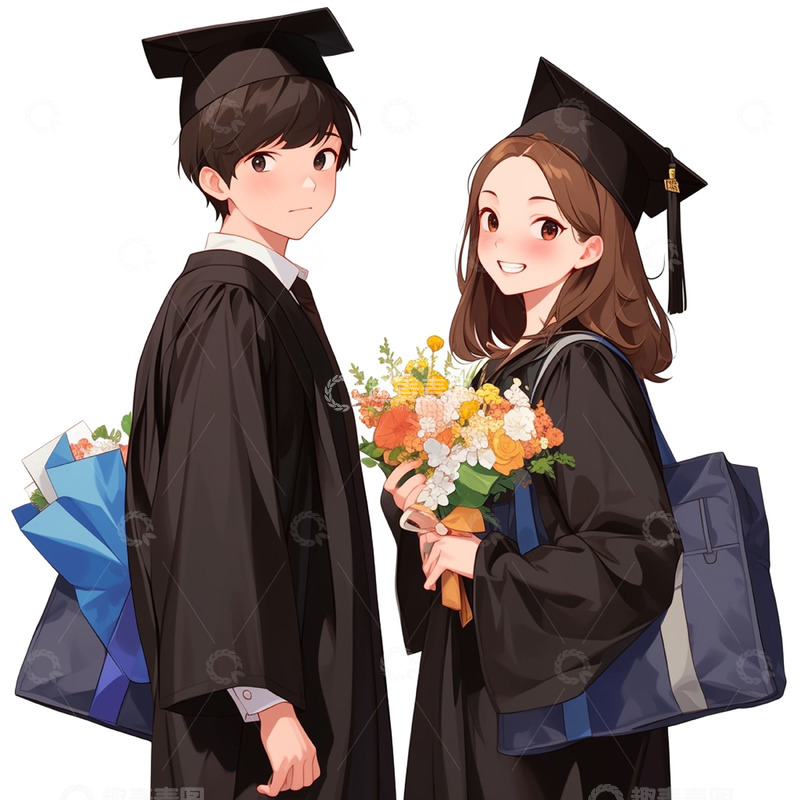 高清大图下载【趣麦麦图】卡通学士服鲜花毕业青年人物