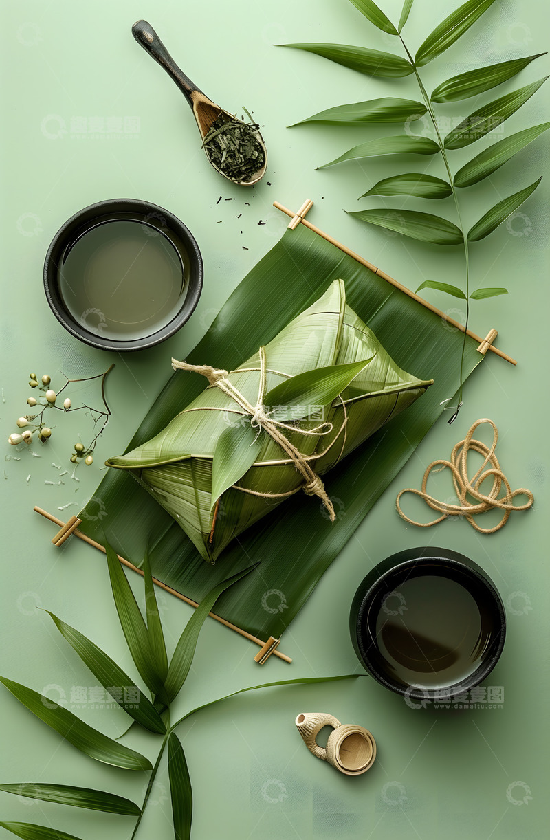 高清大图下载【趣麦麦图】茶叶端午粽子AI摄影图