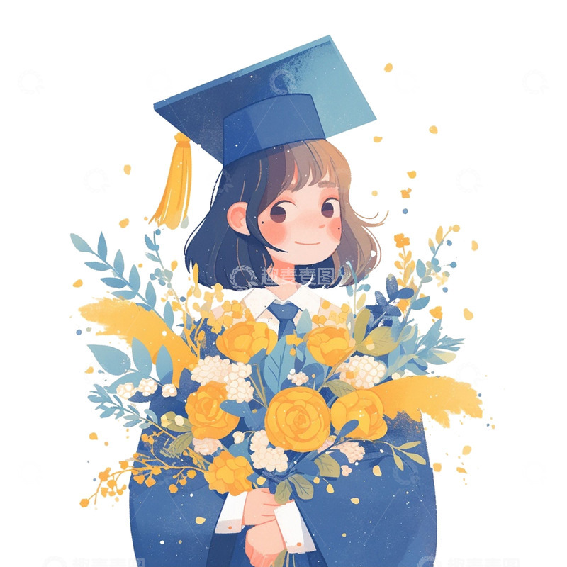 高清大图下载【趣麦麦图】一个穿蓝色学士服手捧鲜花的卡通女孩