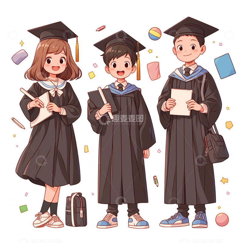 高清大图下载【趣麦麦图】三个拿着毕业证书的卡通人物