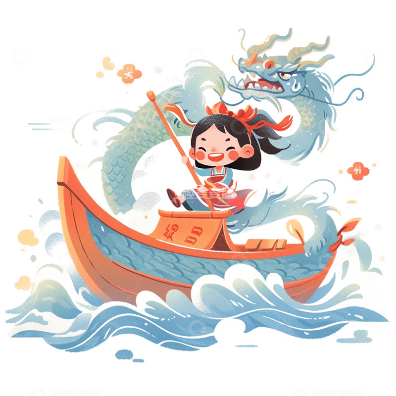 高清大图下载【趣麦麦图】端午卡通龙舟女孩人物