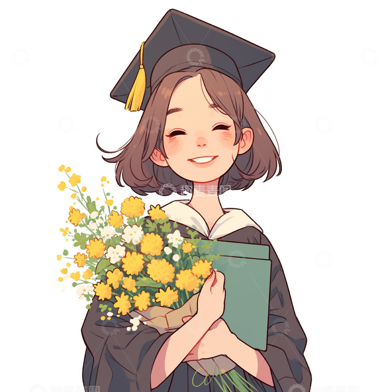高清大图下载【趣麦麦图】卡通鲜花学士服短发女孩