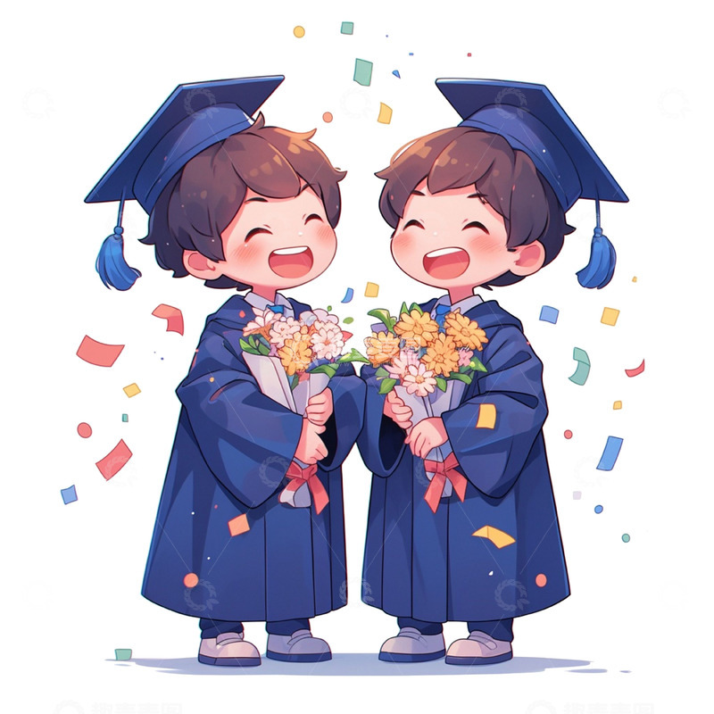 高清大图下载【趣麦麦图】毕业开心鲜花蓝色学士服人物