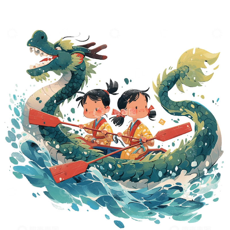 高清大图下载【趣麦麦图】端午节划龙舟船的两个女孩