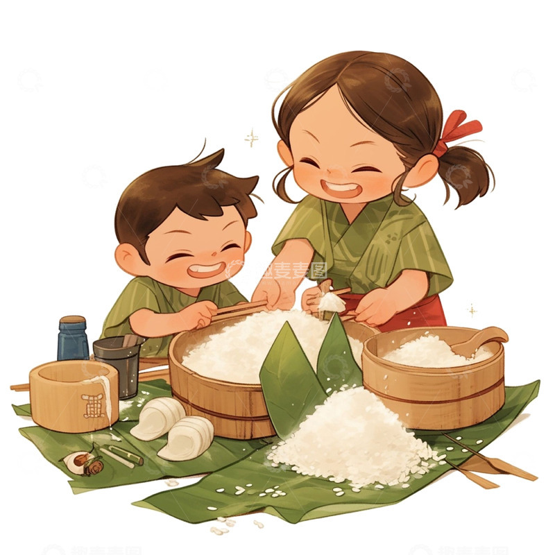 高清大图下载【趣麦麦图】端午节两个卡通人物包粽子