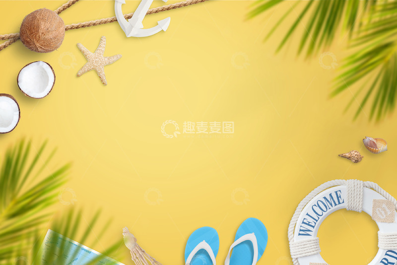 高清大图下载【趣麦麦图】暑假海滩度假棕榈叶贝壳海星