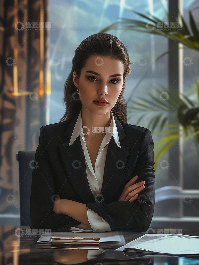 高清大图下载【趣麦麦图】坐在办公室穿黑色西装的商务人物