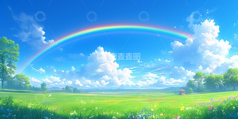 高清大图下载【趣麦麦图】蓝天彩虹草坪花草背景