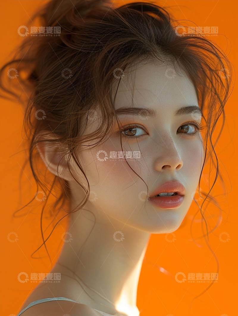 高清大图下载【趣麦麦图】实拍橙色背景美女模特