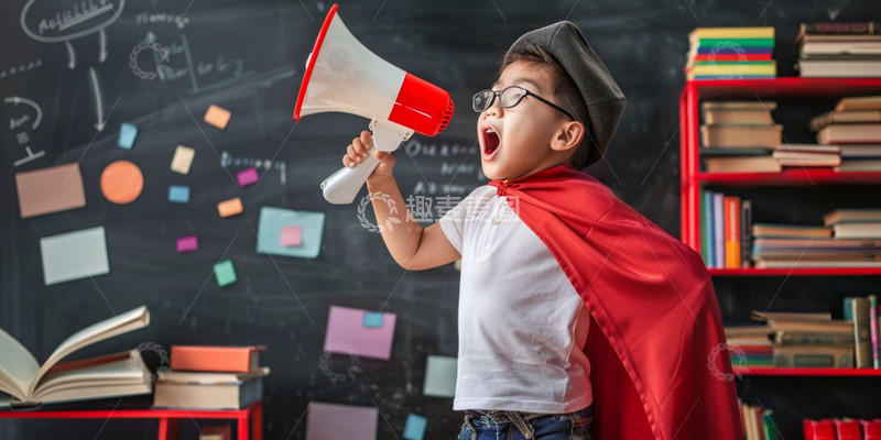 高清大图下载【趣麦麦图】在教室里拿着喇叭的男孩