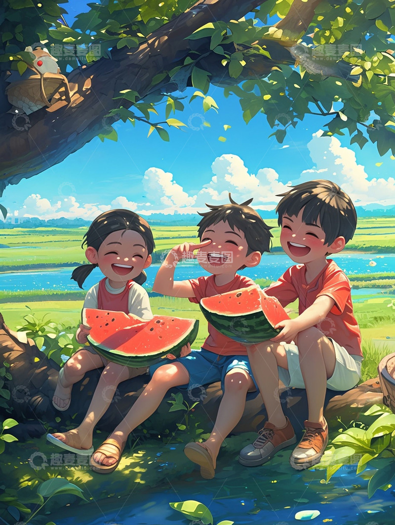 高清大图下载【趣麦麦图】暑期树下吃西瓜儿童