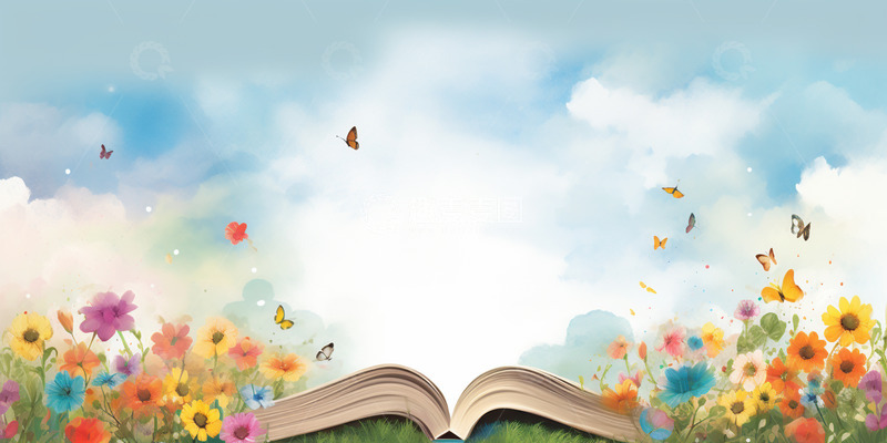 高清大图下载【趣麦麦图】蓝天白云卡通书本花草背景