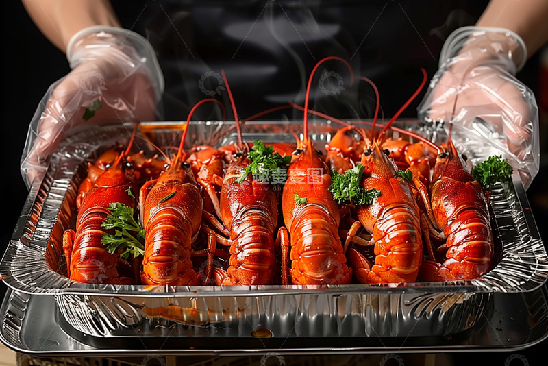 高清大图下载【趣麦麦图】装满麻辣小龙虾的盘子AI摄影图
