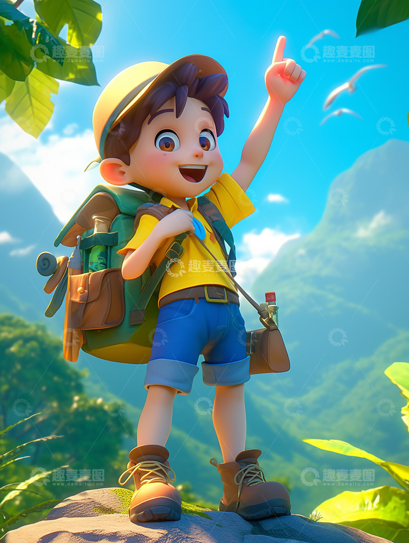 高清大图下载【趣麦麦图】暑期户外游玩卡通男孩人物