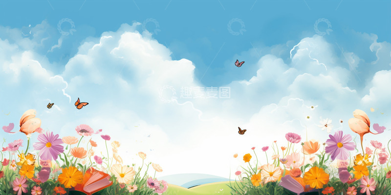 高清大图下载【趣麦麦图】卡通小清新蓝天花草背景