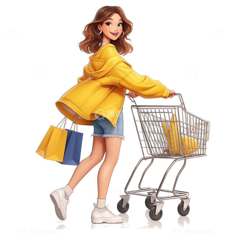 高清大图下载【趣麦麦图】卡通超市购物女孩人物