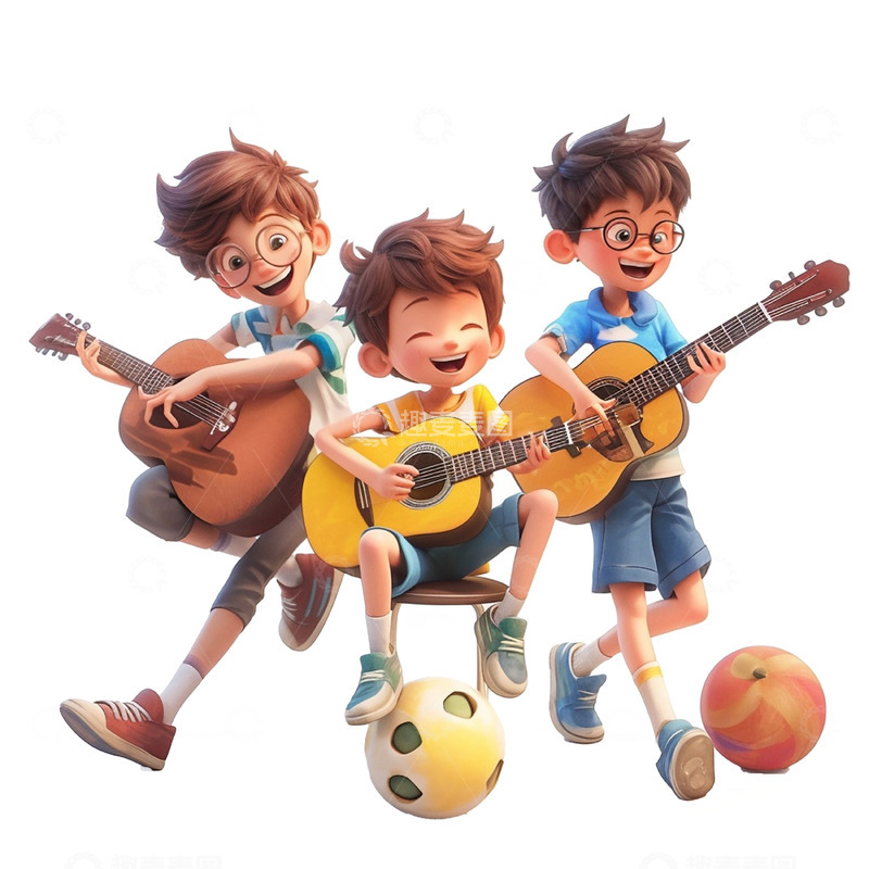 高清大图下载【趣麦麦图】三个弹吉他的男孩