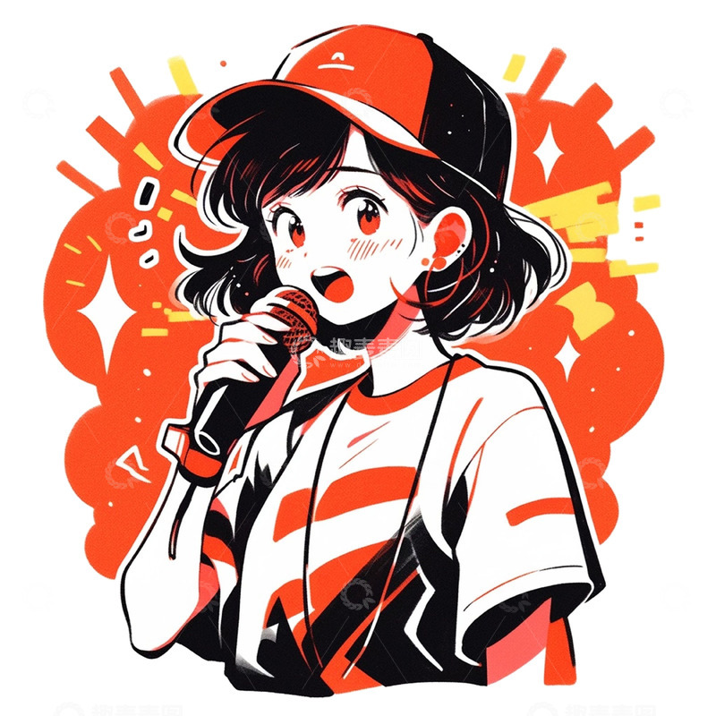 高清大图下载【趣麦麦图】卡通红色唱歌女孩人物