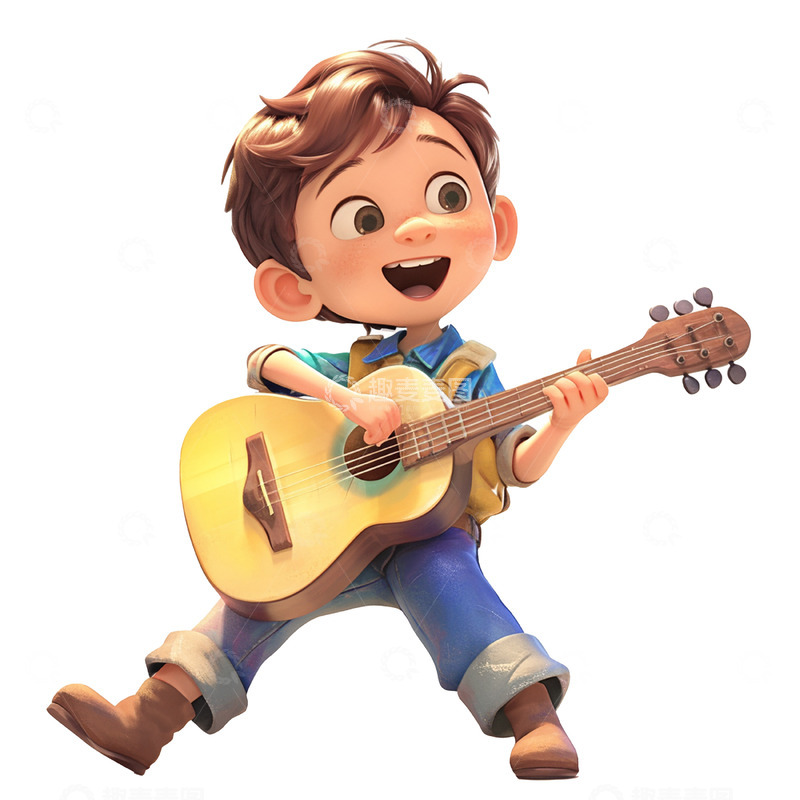 高清大图下载【趣麦麦图】卡通皮克斯风格弹吉他男孩